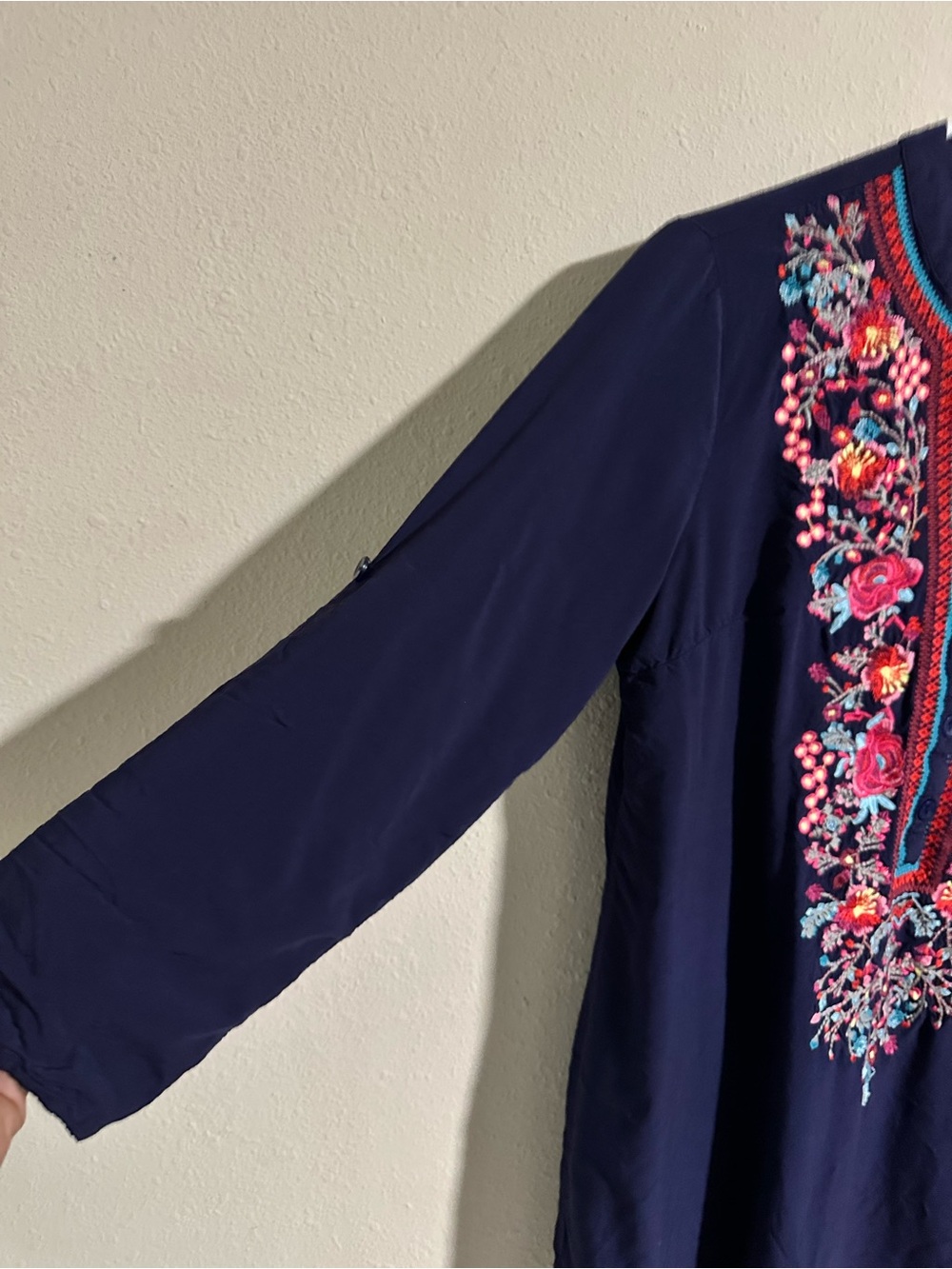 Navy Embroidered V-Neck Tunic with Multicolored Floral Detail - Picture 2 of 9